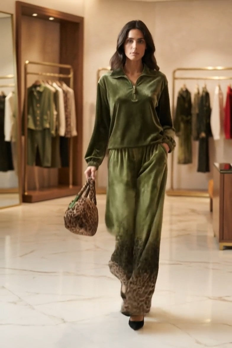 CAIVANO - Completo in velluto verde con pantaloni leopardati palazzo — SHOT 3