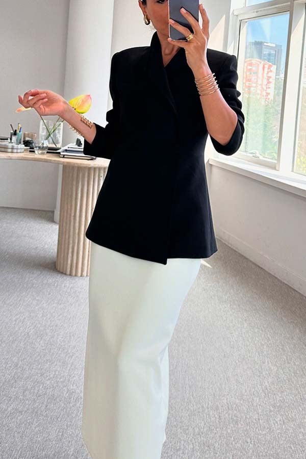 POMBIA - Blazer morbido con colletto a revers e bottoni, bianco o nero