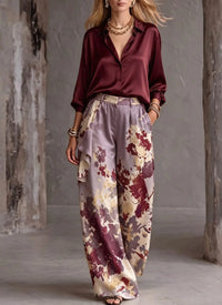 DORA - Set due pezzi in raso bordeaux con camicia e pantaloni ampi